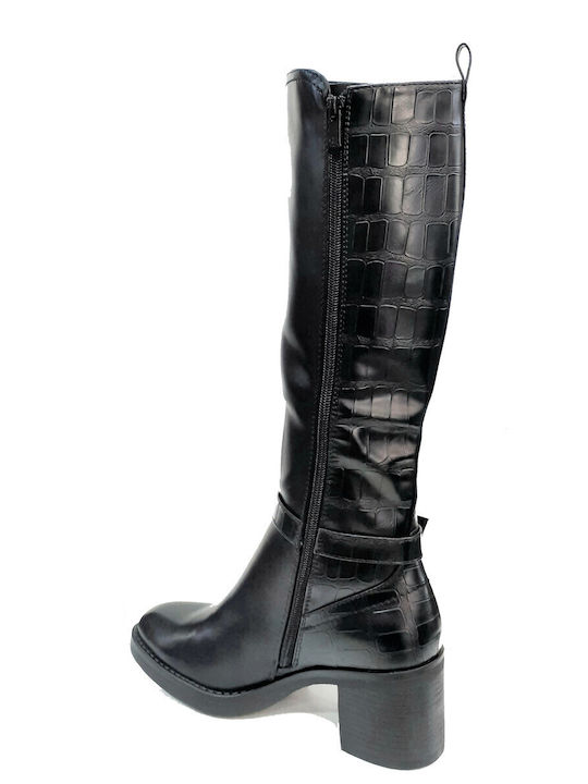 Μπότες με χοντρό τακούνι και κροκό λεπτομέρειες ΒΙ3826 Μαύρο